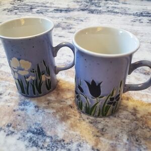 Vintage Churchill England Speckled Blue Floral Coffee Tea Mug Set of 2